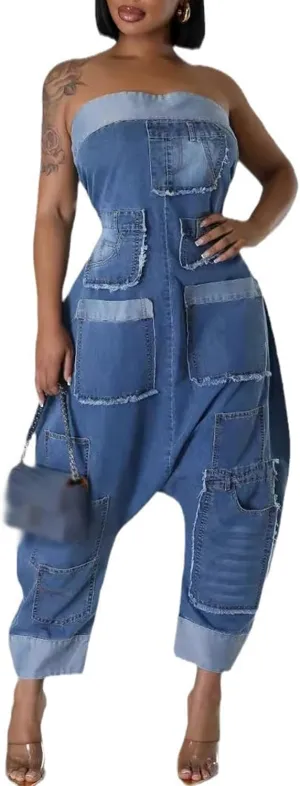 Womens Cargo Denim Jumpsuit Strapless Loose Baggy Jean Romper Cargo Long Pants with Pockets