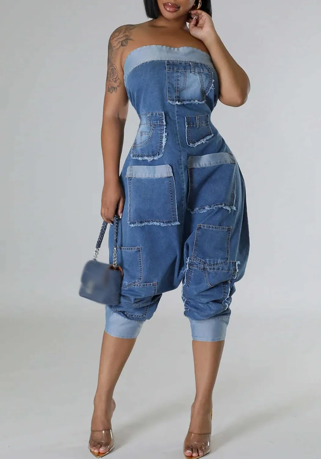 Womens Cargo Denim Jumpsuit Strapless Loose Baggy Jean Romper Cargo Long Pants with Pockets
