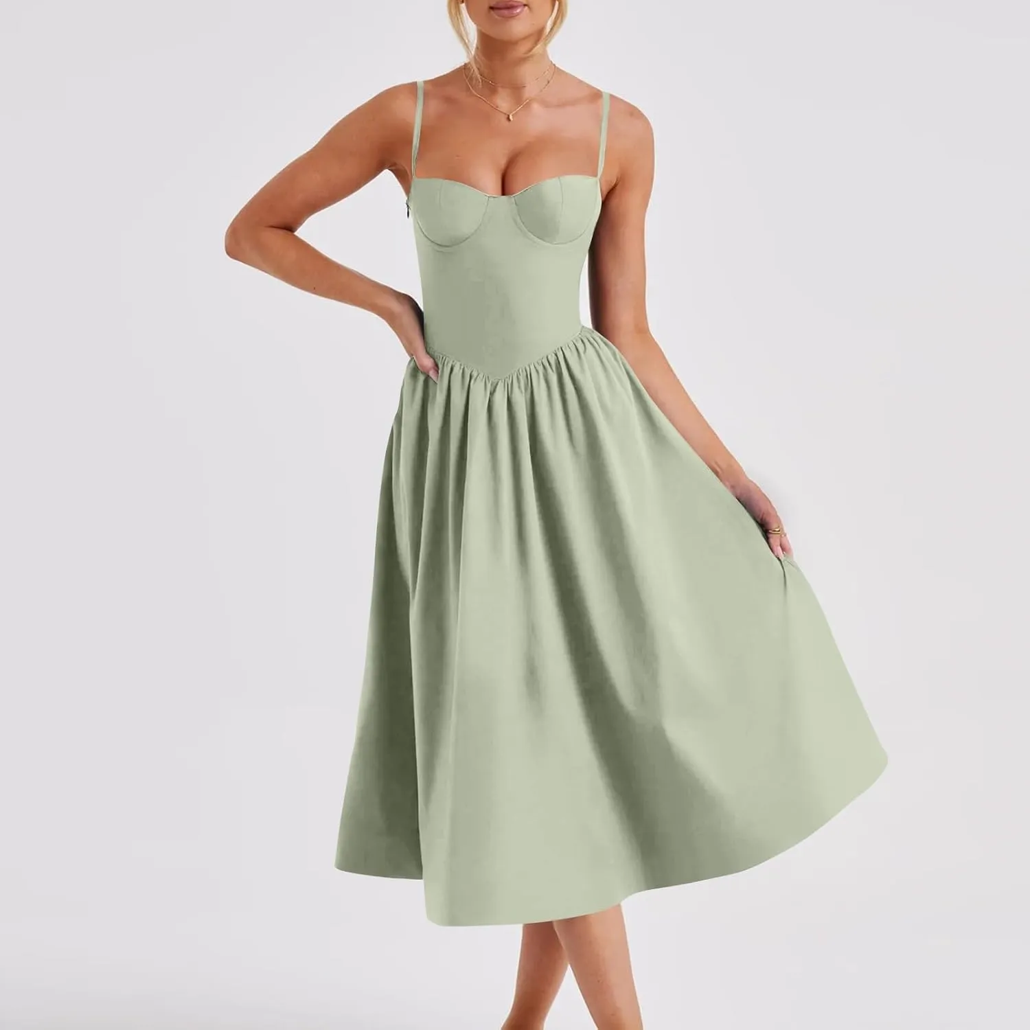 Womens Corset Dress Elegant Spaghetti Strap Bustier Midi Dress Low Cut Flowy Pleated Hem Formal Dresses with Pockets