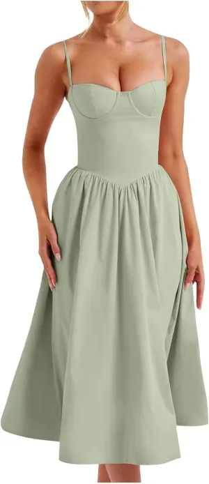 Womens Corset Dress Elegant Spaghetti Strap Bustier Midi Dress Low Cut Flowy Pleated Hem Formal Dresses with Pockets