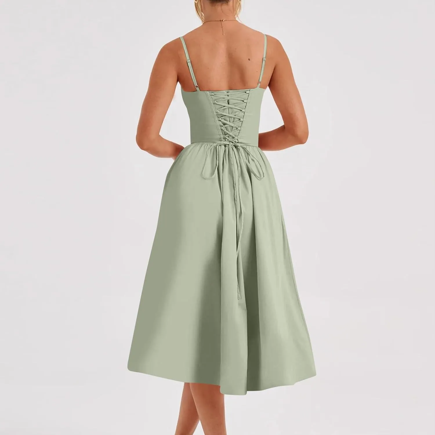 Womens Corset Dress Elegant Spaghetti Strap Bustier Midi Dress Low Cut Flowy Pleated Hem Formal Dresses with Pockets