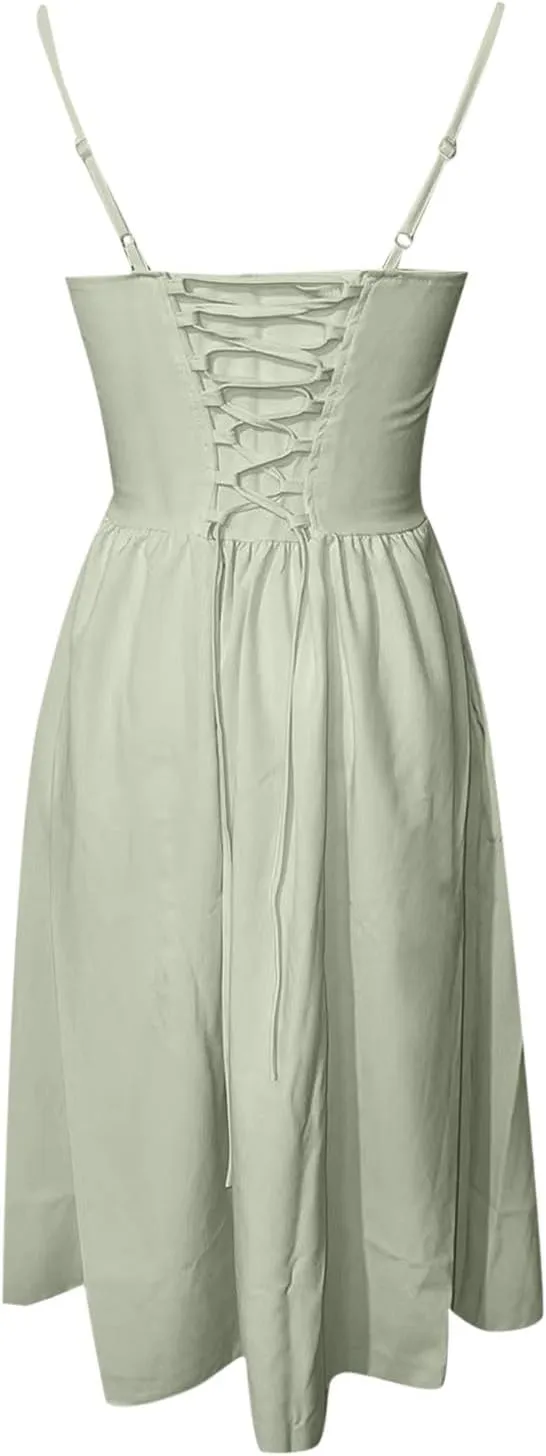 Womens Corset Dress Elegant Spaghetti Strap Bustier Midi Dress Low Cut Flowy Pleated Hem Formal Dresses with Pockets