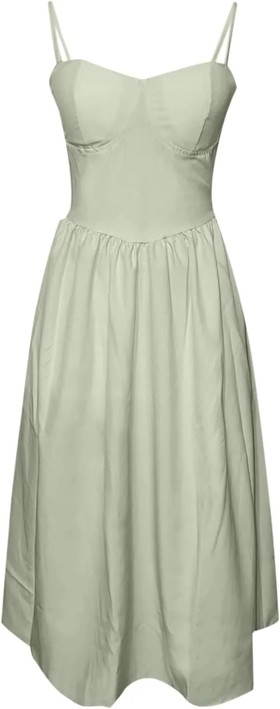 Womens Corset Dress Elegant Spaghetti Strap Bustier Midi Dress Low Cut Flowy Pleated Hem Formal Dresses with Pockets