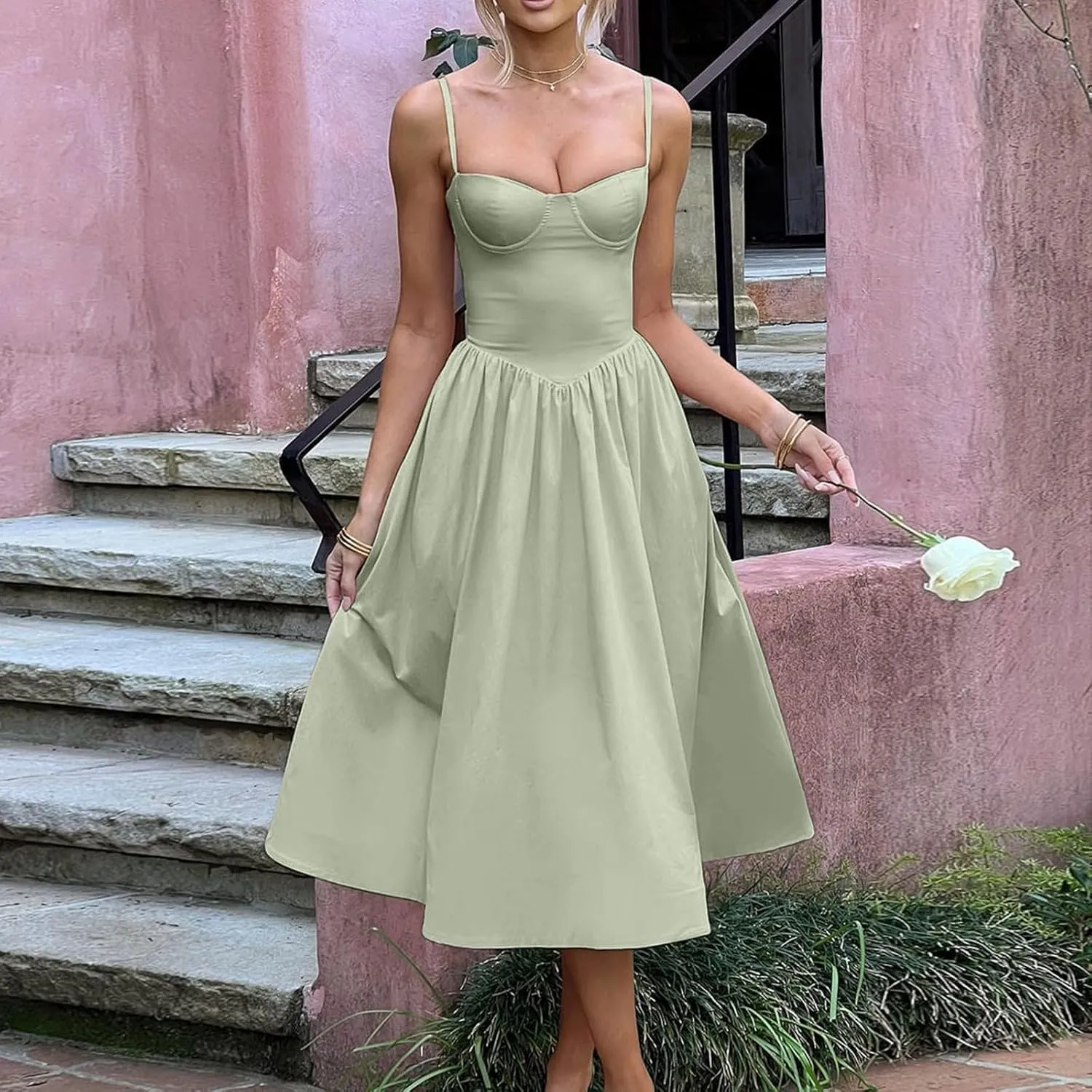 Womens Corset Dress Elegant Spaghetti Strap Bustier Midi Dress Low Cut Flowy Pleated Hem Formal Dresses with Pockets