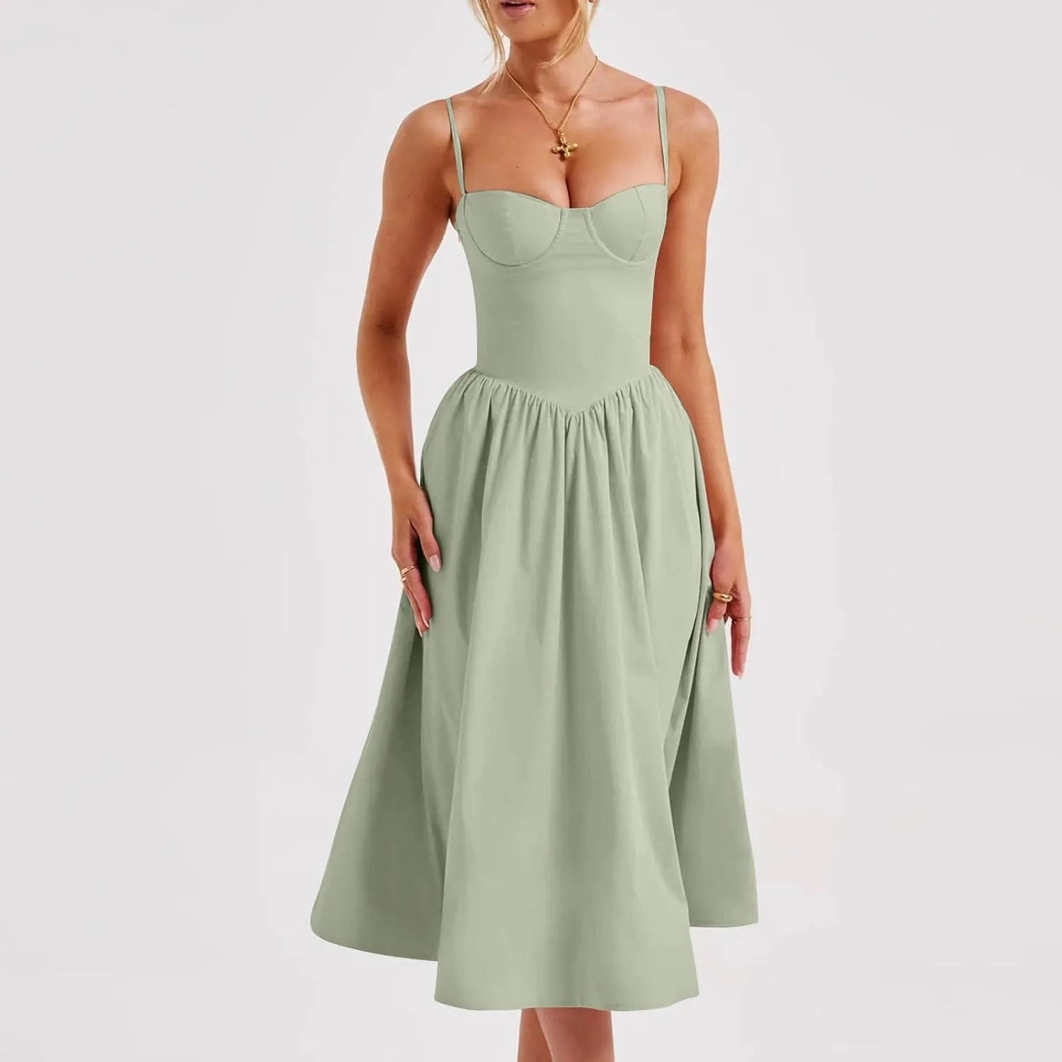 Womens Corset Dress Elegant Spaghetti Strap Bustier Midi Dress Low Cut Flowy Pleated Hem Formal Dresses with Pockets