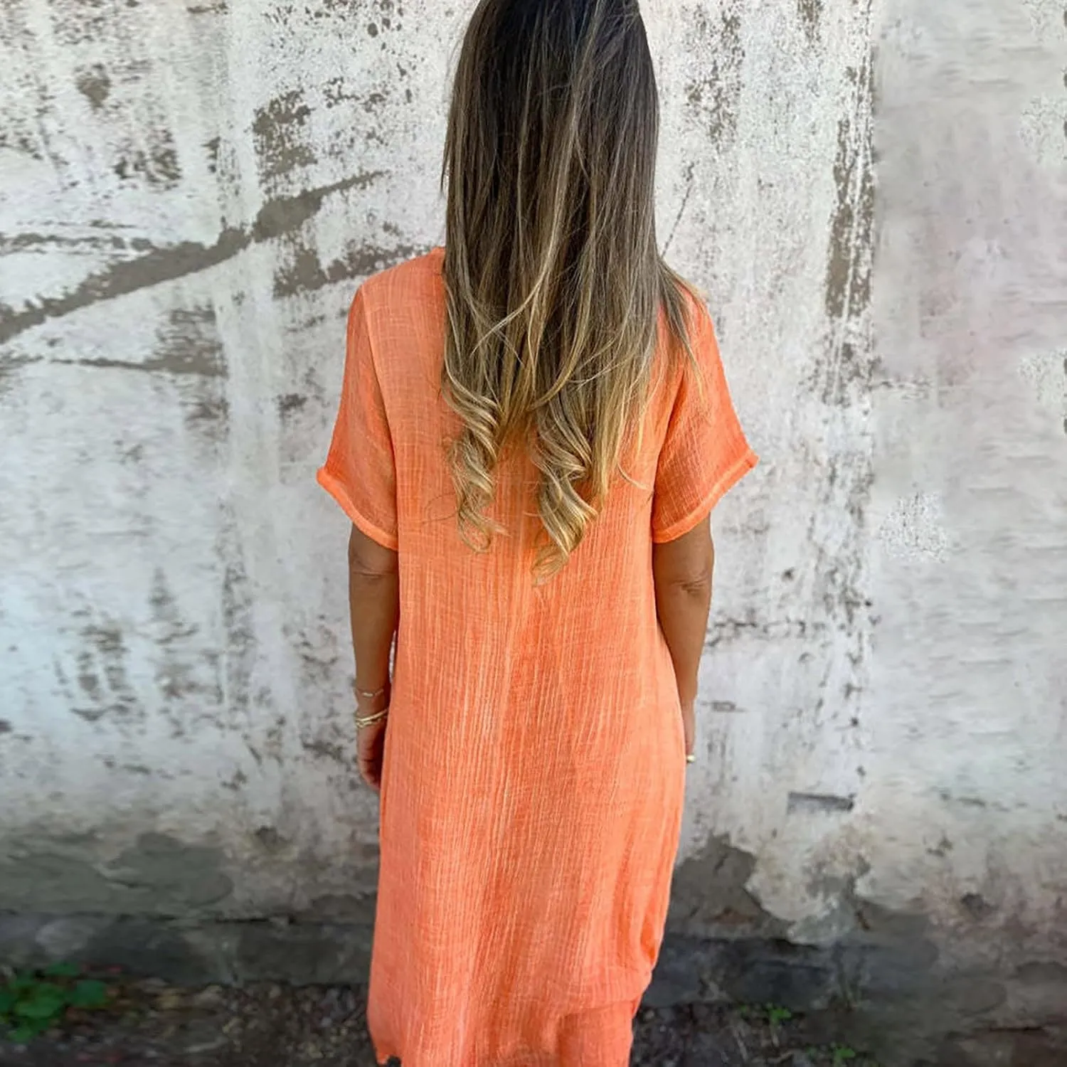Women's Cotton Linen Maxi Dress Short Sleeve Summer Short Sleeve V-Neck Loose Dresses Solid Vacation Trendy Dresses