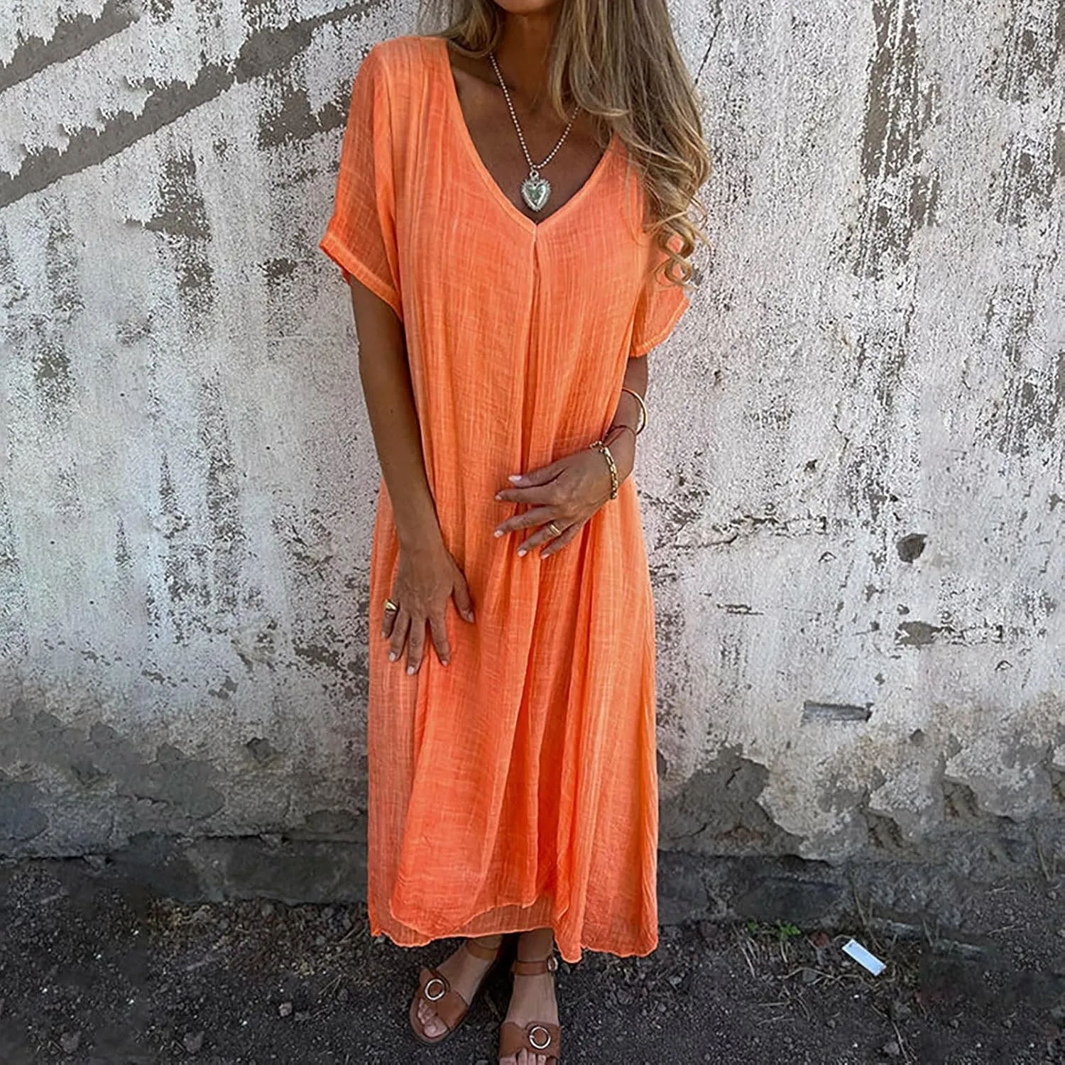 Women's Cotton Linen Maxi Dress Short Sleeve Summer Short Sleeve V-Neck Loose Dresses Solid Vacation Trendy Dresses