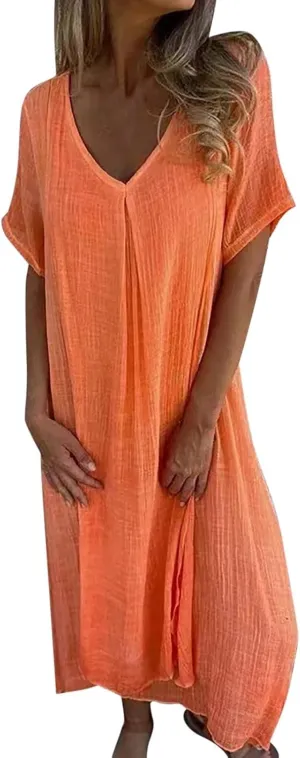 Women's Cotton Linen Maxi Dress Short Sleeve Summer Short Sleeve V-Neck Loose Dresses Solid Vacation Trendy Dresses