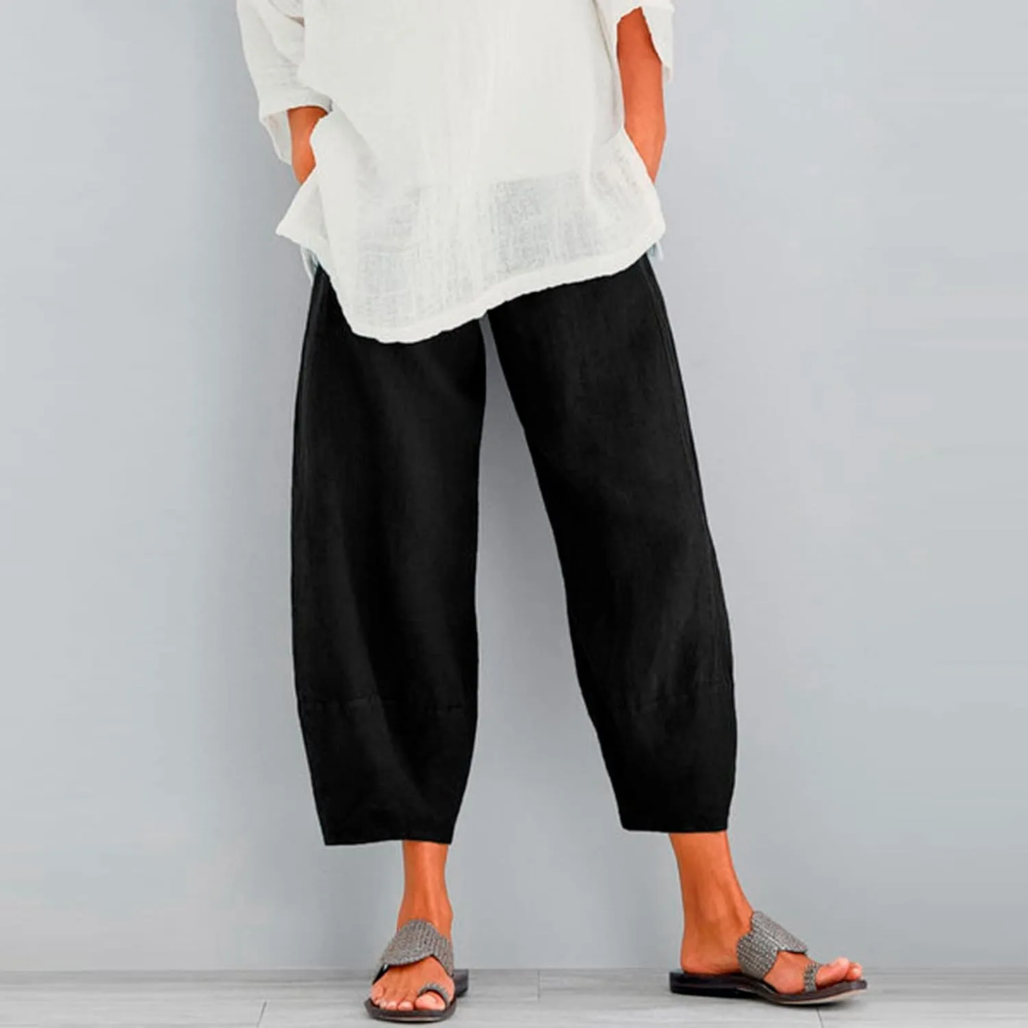 Women's Cotton Linen Summer Split Flowy Pant Trousers High Waist Straight Slim Fit Palazzo Lounge Pants Office