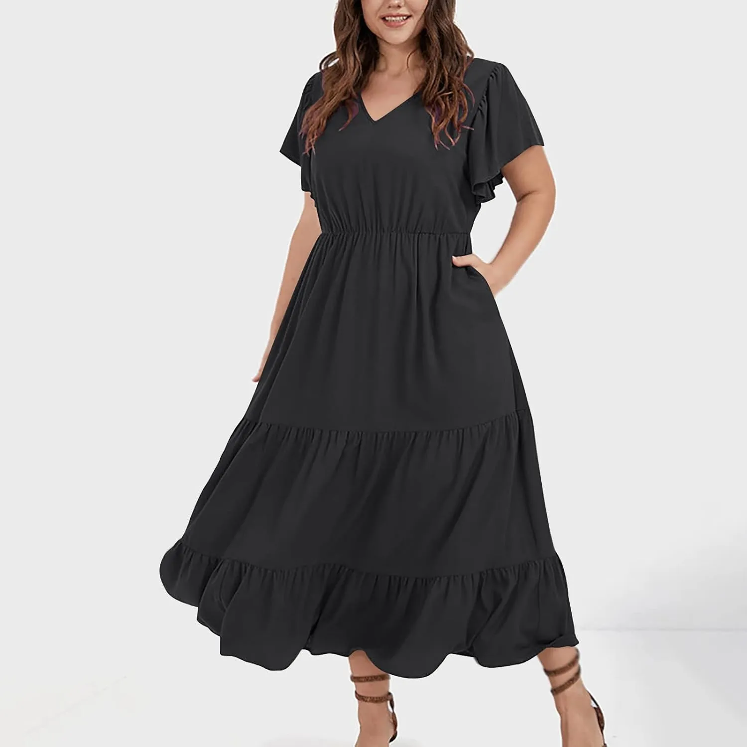 Womens Dress Casual Loose Solid Color Ruffle Short Sleeve Midi Dresses Pockets Fashion Plus Size V Neck A Line Dress