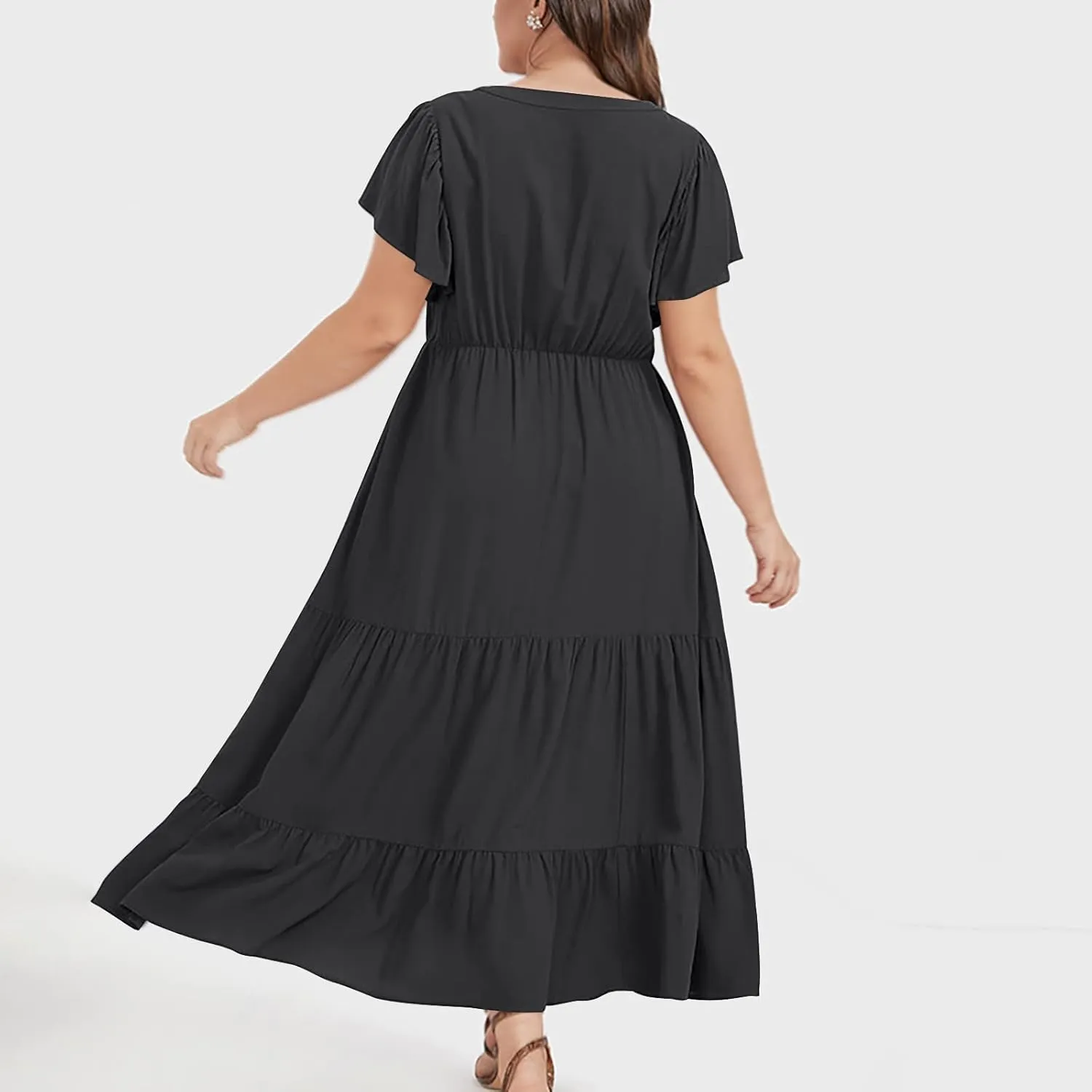 Womens Dress Casual Loose Solid Color Ruffle Short Sleeve Midi Dresses Pockets Fashion Plus Size V Neck A Line Dress