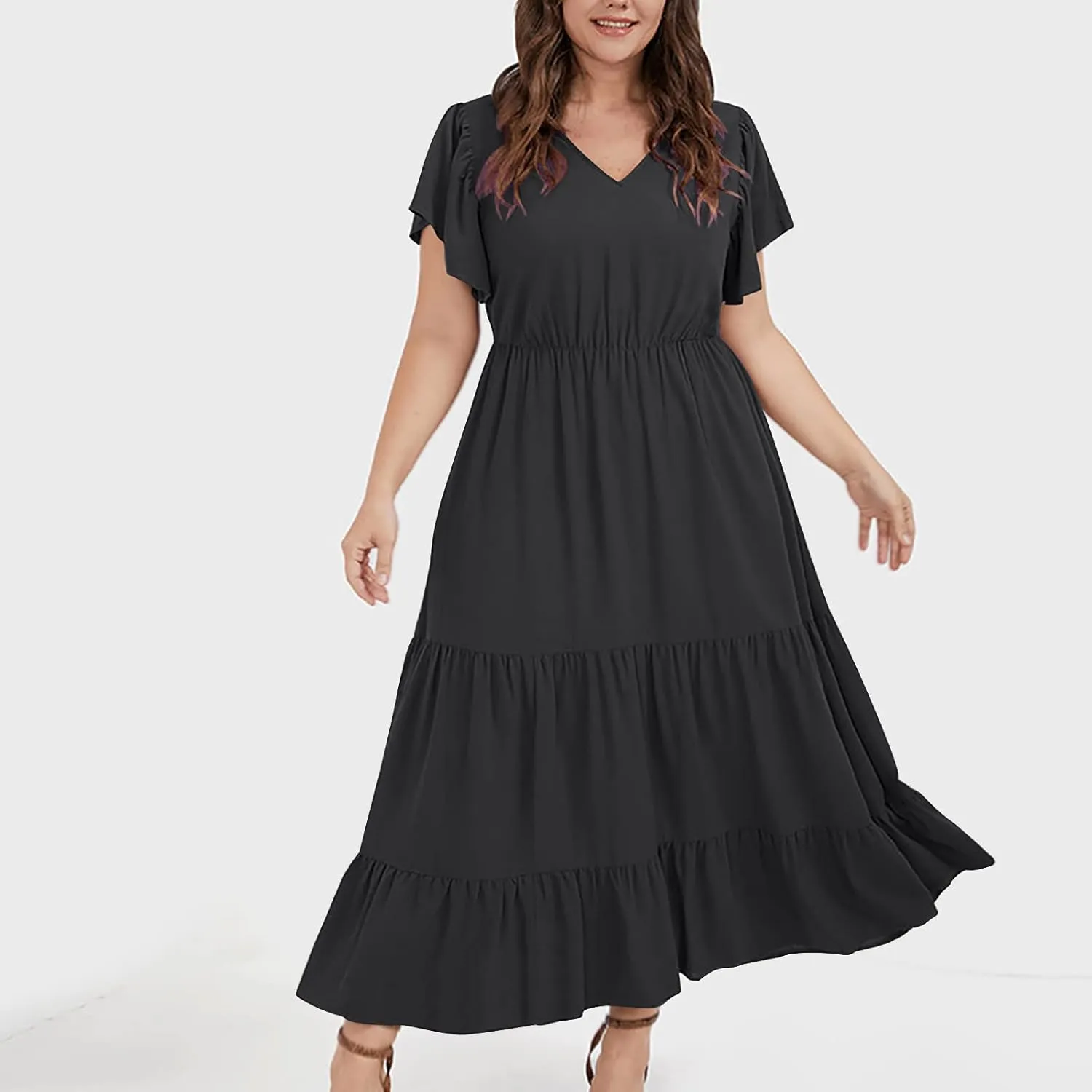 Womens Dress Casual Loose Solid Color Ruffle Short Sleeve Midi Dresses Pockets Fashion Plus Size V Neck A Line Dress