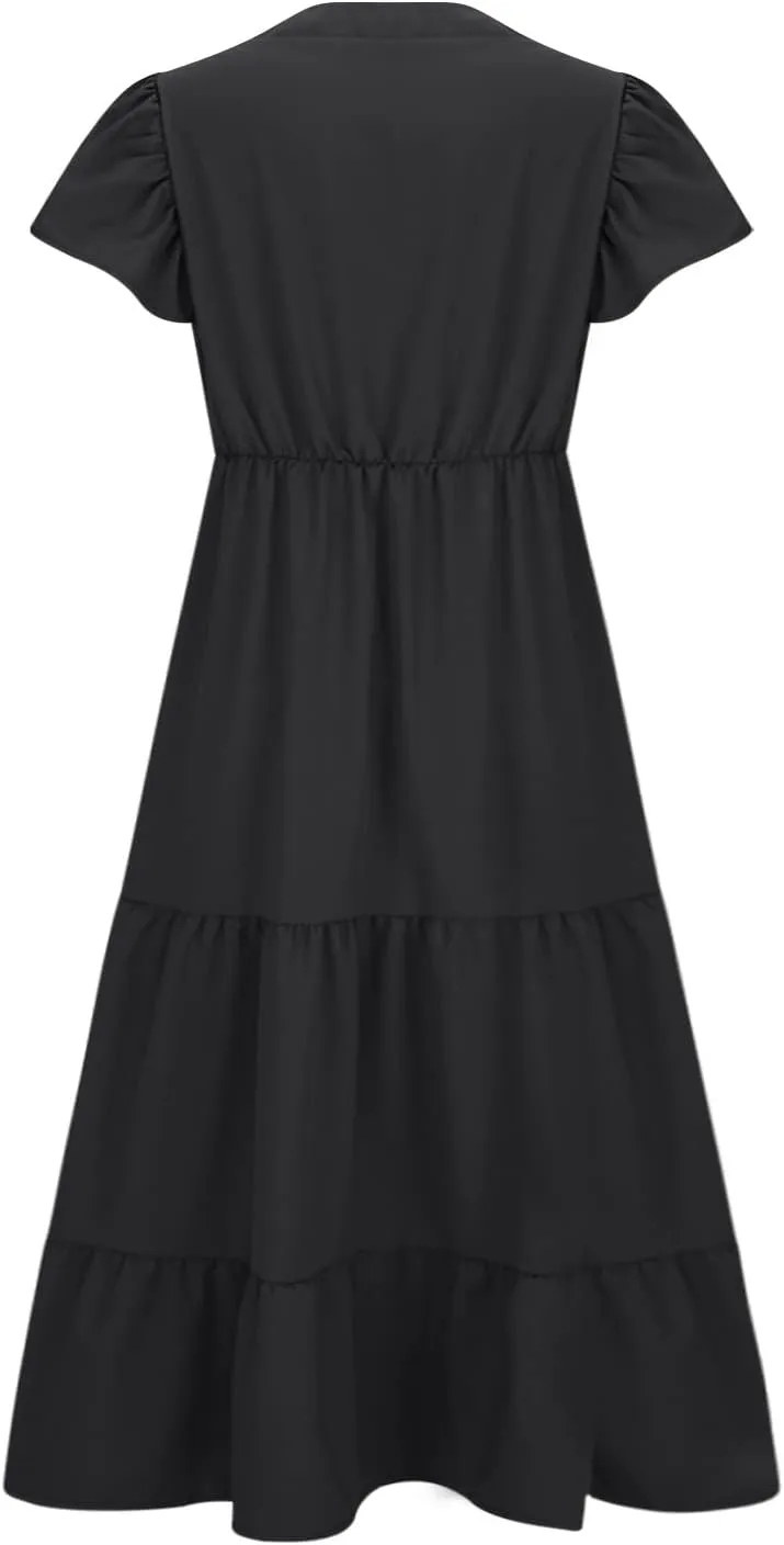 Womens Dress Casual Loose Solid Color Ruffle Short Sleeve Midi Dresses Pockets Fashion Plus Size V Neck A Line Dress