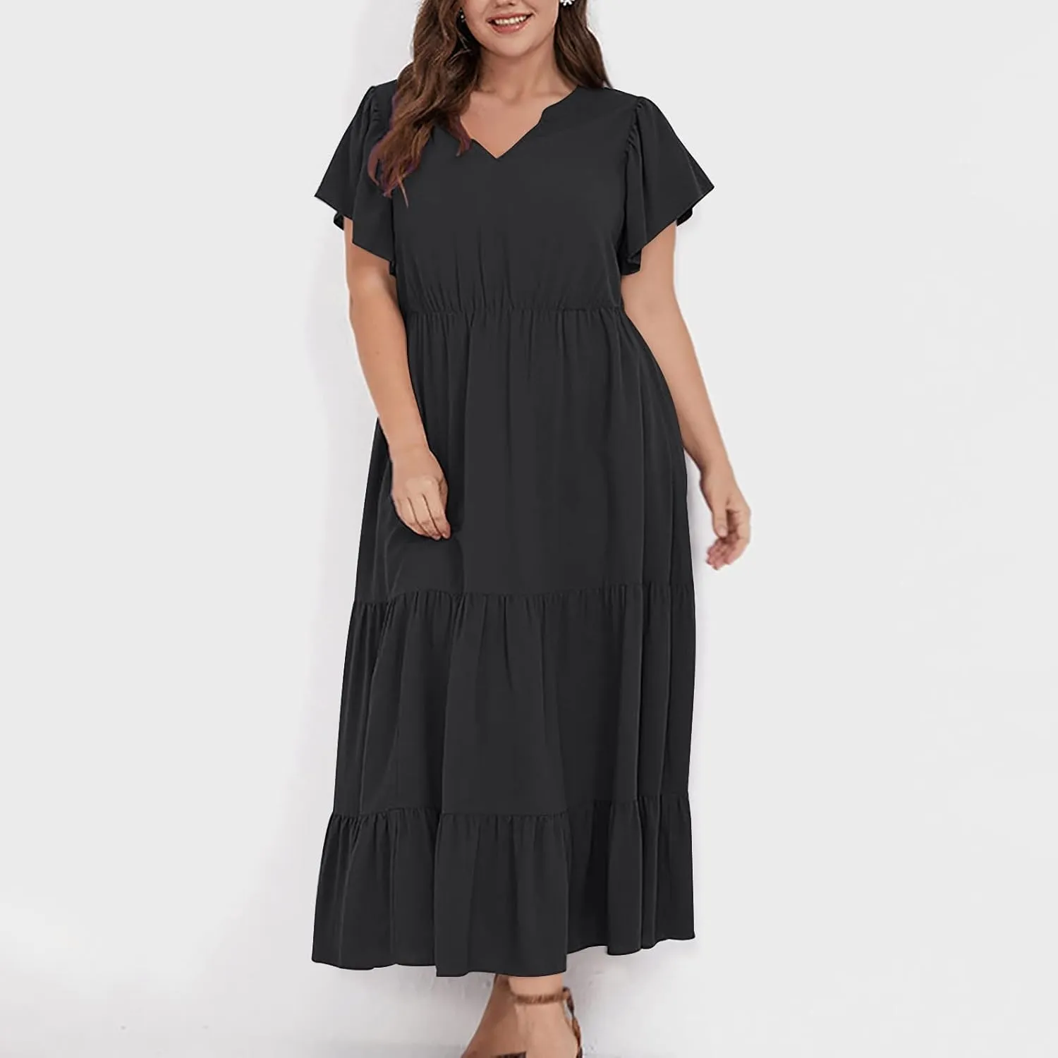 Womens Dress Casual Loose Solid Color Ruffle Short Sleeve Midi Dresses Pockets Fashion Plus Size V Neck A Line Dress