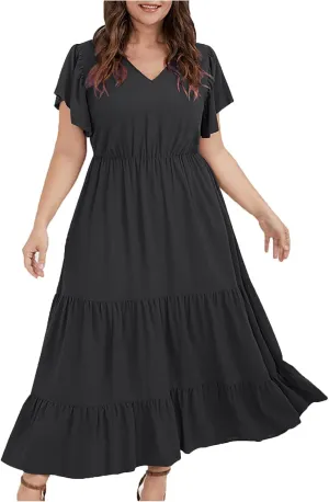 Womens Dress Casual Loose Solid Color Ruffle Short Sleeve Midi Dresses Pockets Fashion Plus Size V Neck A Line Dress
