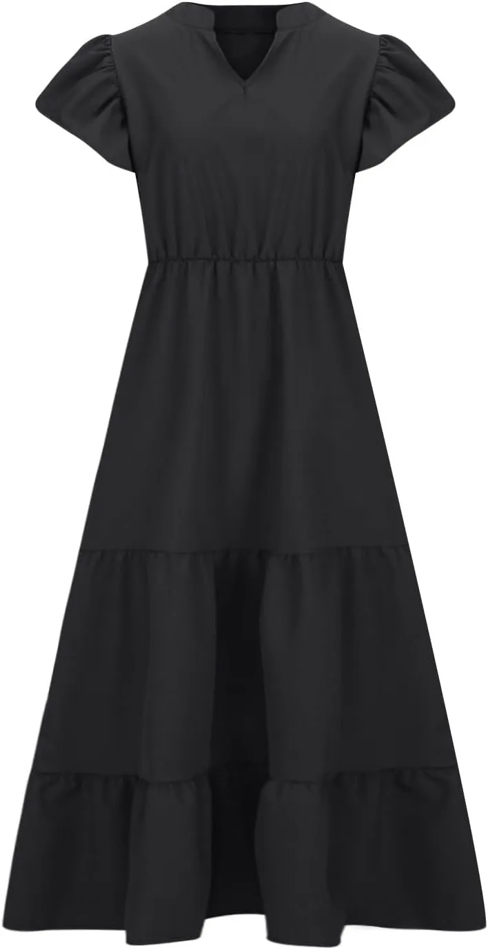 Womens Dress Casual Loose Solid Color Ruffle Short Sleeve Midi Dresses Pockets Fashion Plus Size V Neck A Line Dress