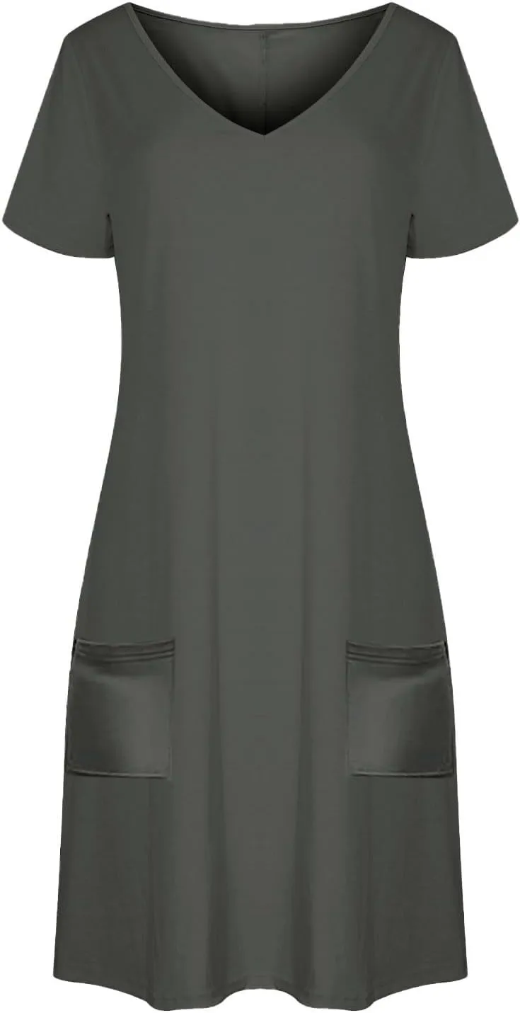 Womens Dress Loose Fit V Neck Casual Solid Color 2025 Summer Dresses Fashion Short Sleeve Mini Dress with Pockets