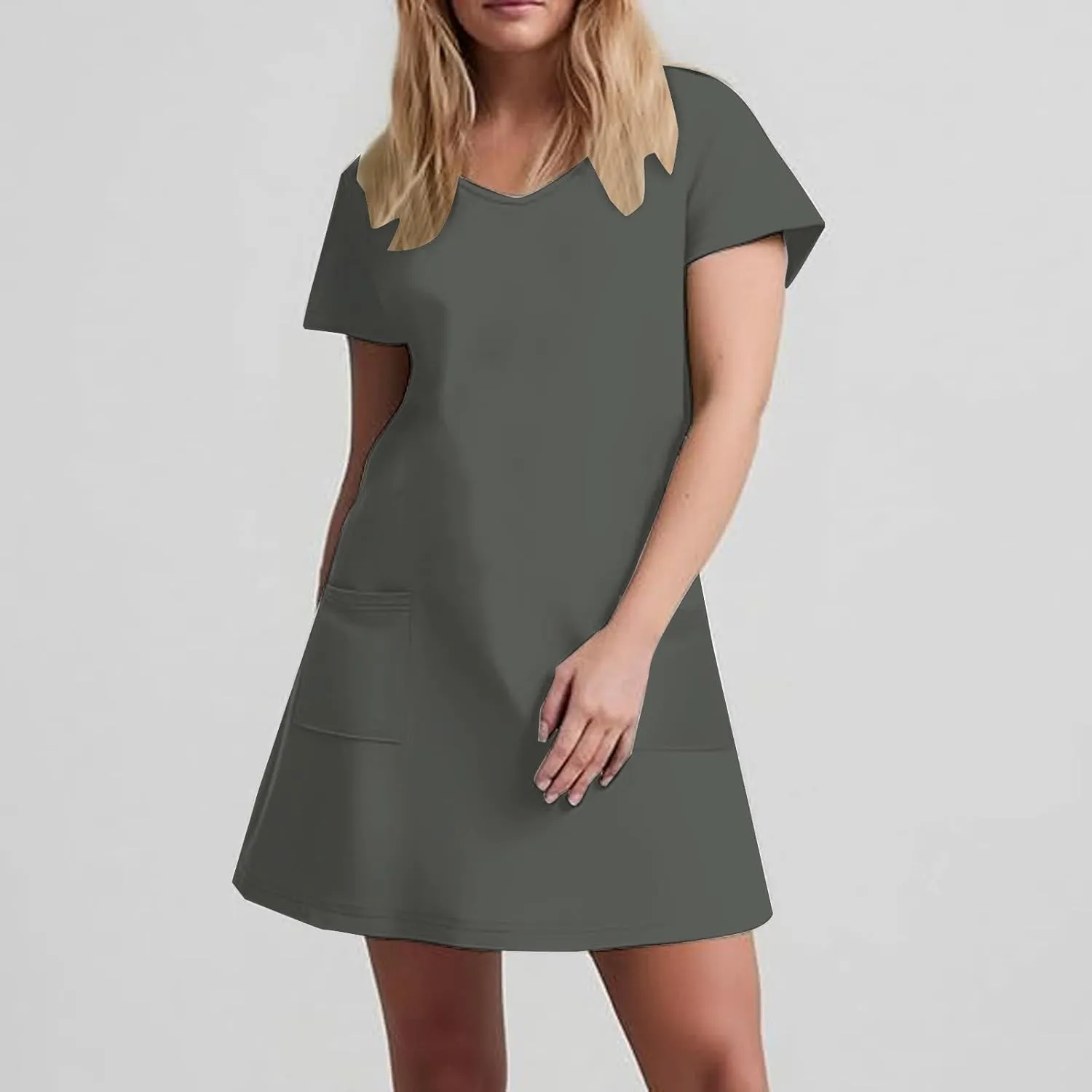 Womens Dress Loose Fit V Neck Casual Solid Color 2025 Summer Dresses Fashion Short Sleeve Mini Dress with Pockets