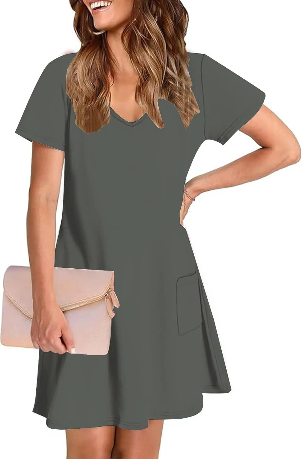 Womens Dress Loose Fit V Neck Casual Solid Color 2025 Summer Dresses Fashion Short Sleeve Mini Dress with Pockets