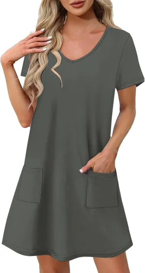 Womens Dress Loose Fit V Neck Casual Solid Color 2025 Summer Dresses Fashion Short Sleeve Mini Dress with Pockets