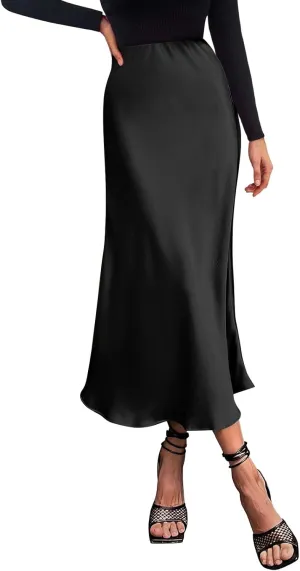 Womens Elegant Midi Skirt High Waisted Solid Satin Dress Work Skirts Party Wedding Flared A-Line Skirts