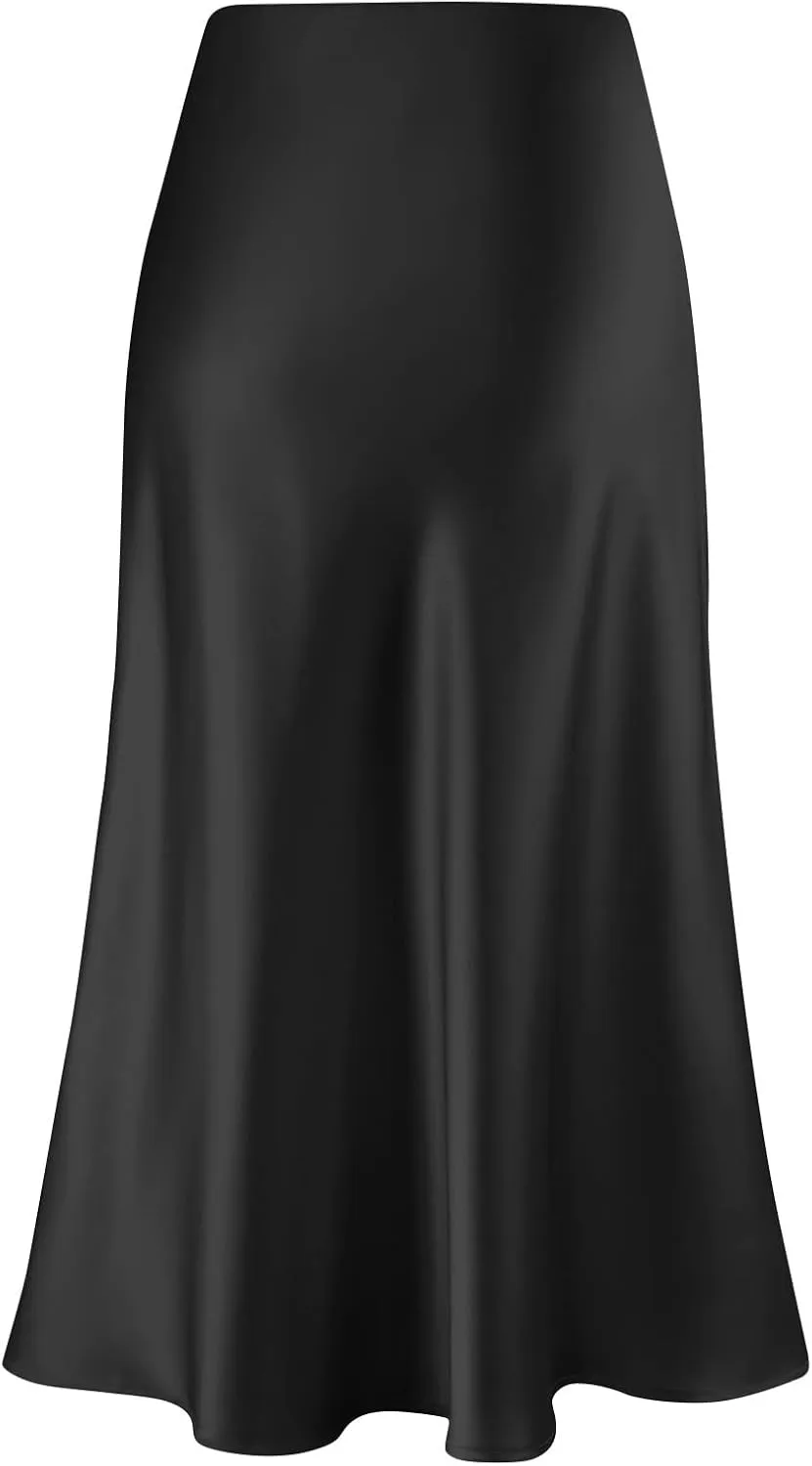 Womens Elegant Midi Skirt High Waisted Solid Satin Dress Work Skirts Party Wedding Flared A-Line Skirts