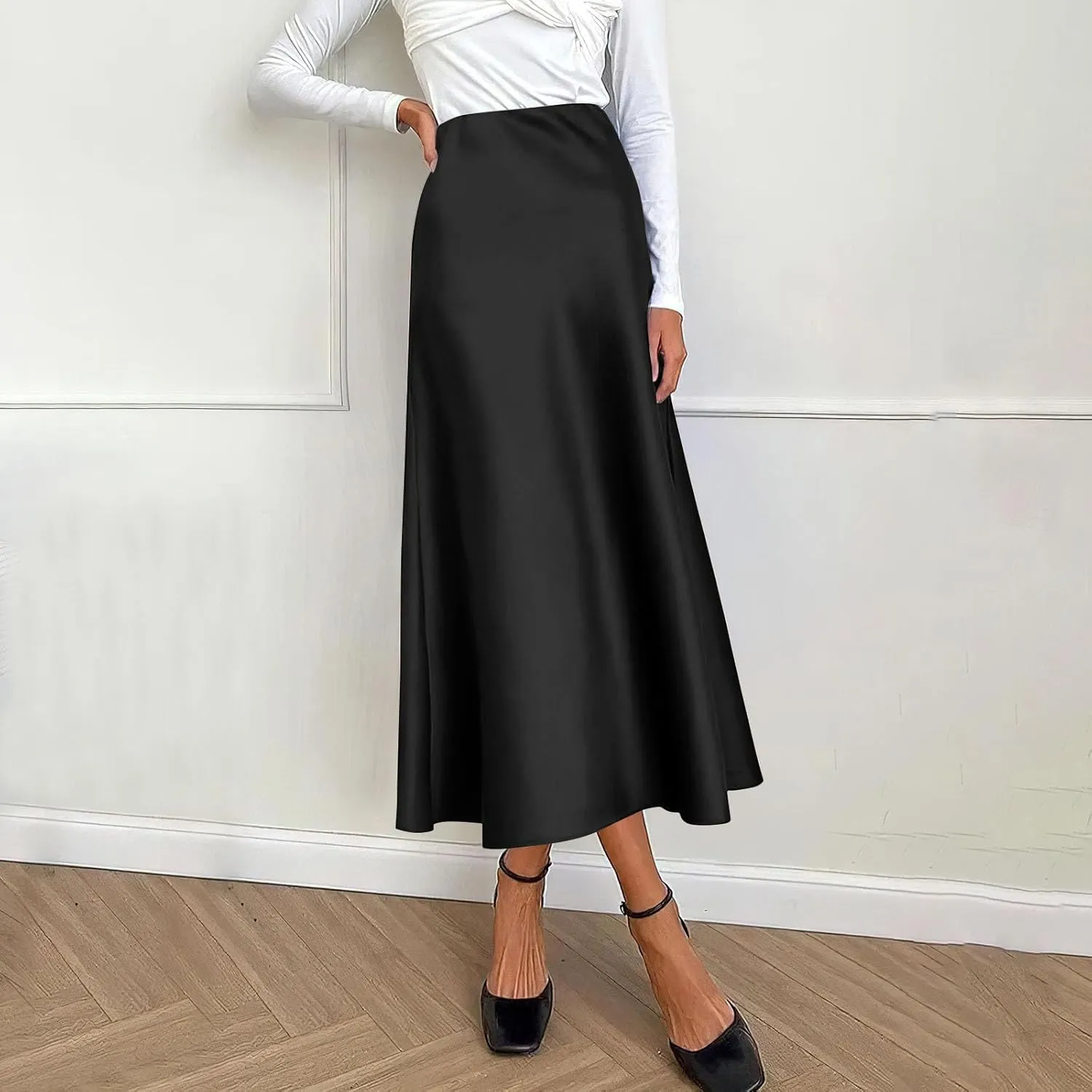 Womens Elegant Midi Skirt High Waisted Solid Satin Dress Work Skirts Party Wedding Flared A-Line Skirts