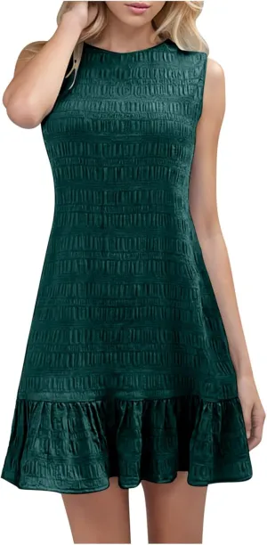 Women's Fashion Textured Tank Dress Summer Sleeveless Keyhole Back Mini Sundress Crewneck Ruffle Boho Swing Dresses