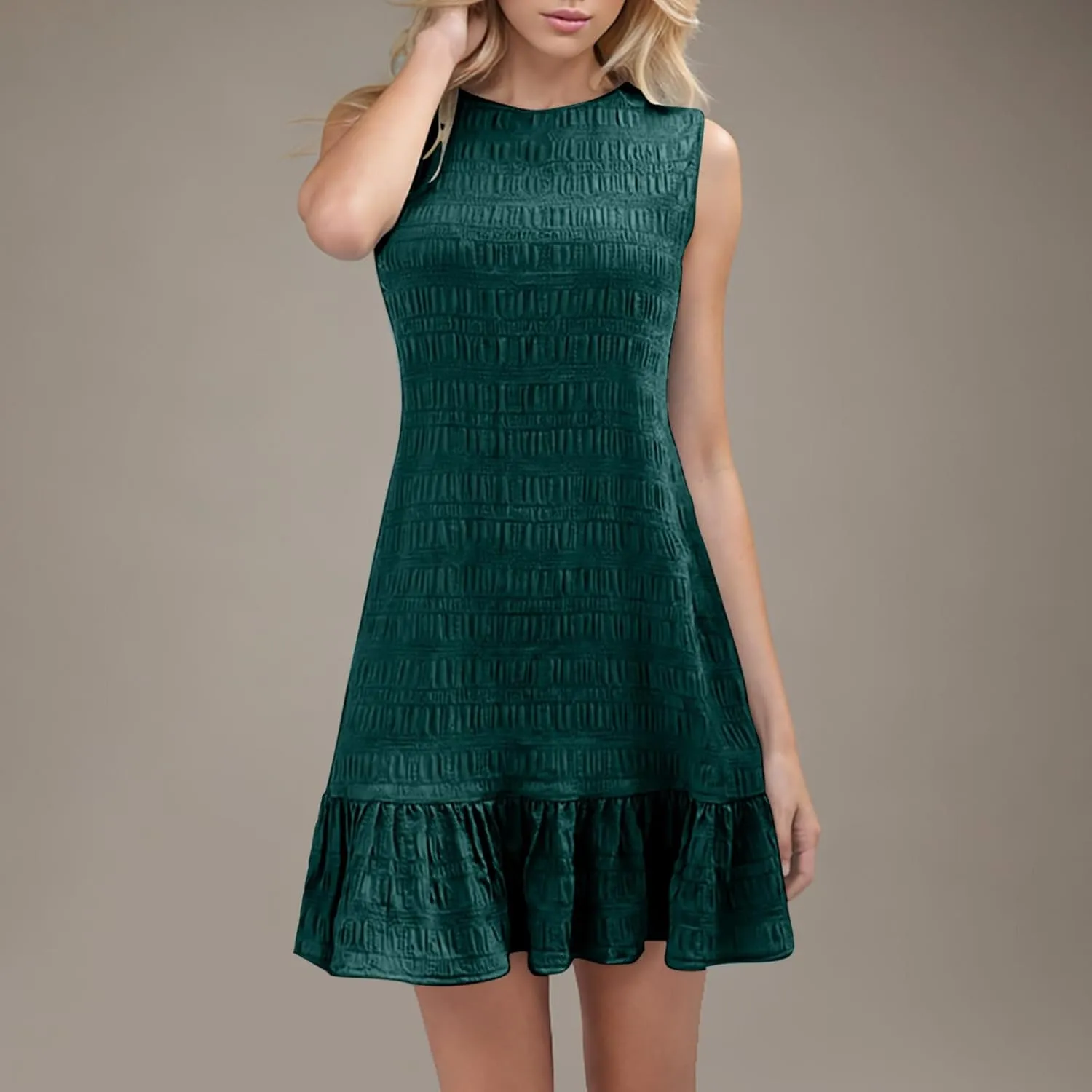 Women's Fashion Textured Tank Dress Summer Sleeveless Keyhole Back Mini Sundress Crewneck Ruffle Boho Swing Dresses