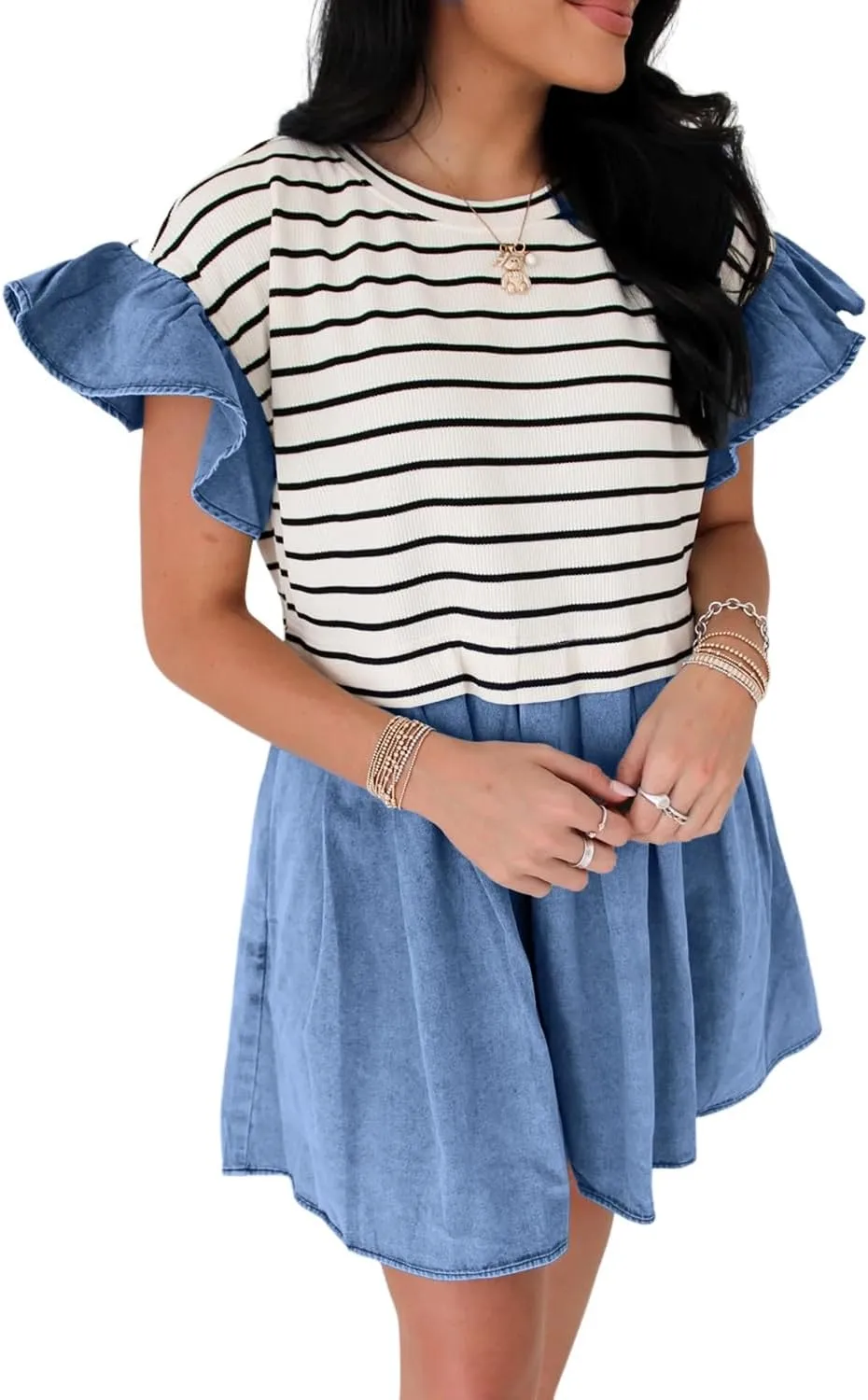 Womens Floral Dresses Boho Black Stripe Ruffle Denim Patchwork Round Neck Mini Dress