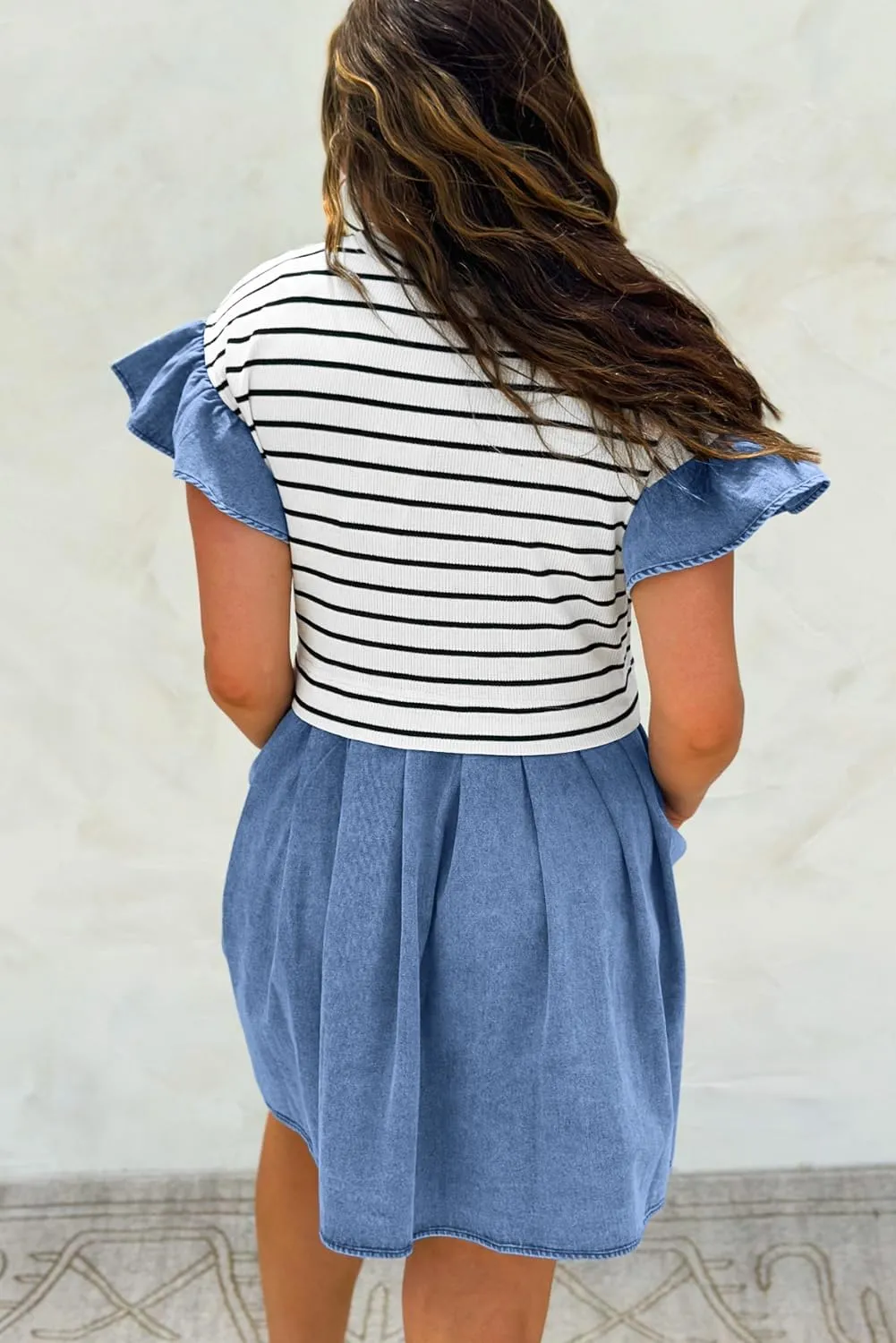 Womens Floral Dresses Boho Black Stripe Ruffle Denim Patchwork Round Neck Mini Dress