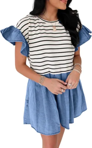 Womens Floral Dresses Boho Black Stripe Ruffle Denim Patchwork Round Neck Mini Dress
