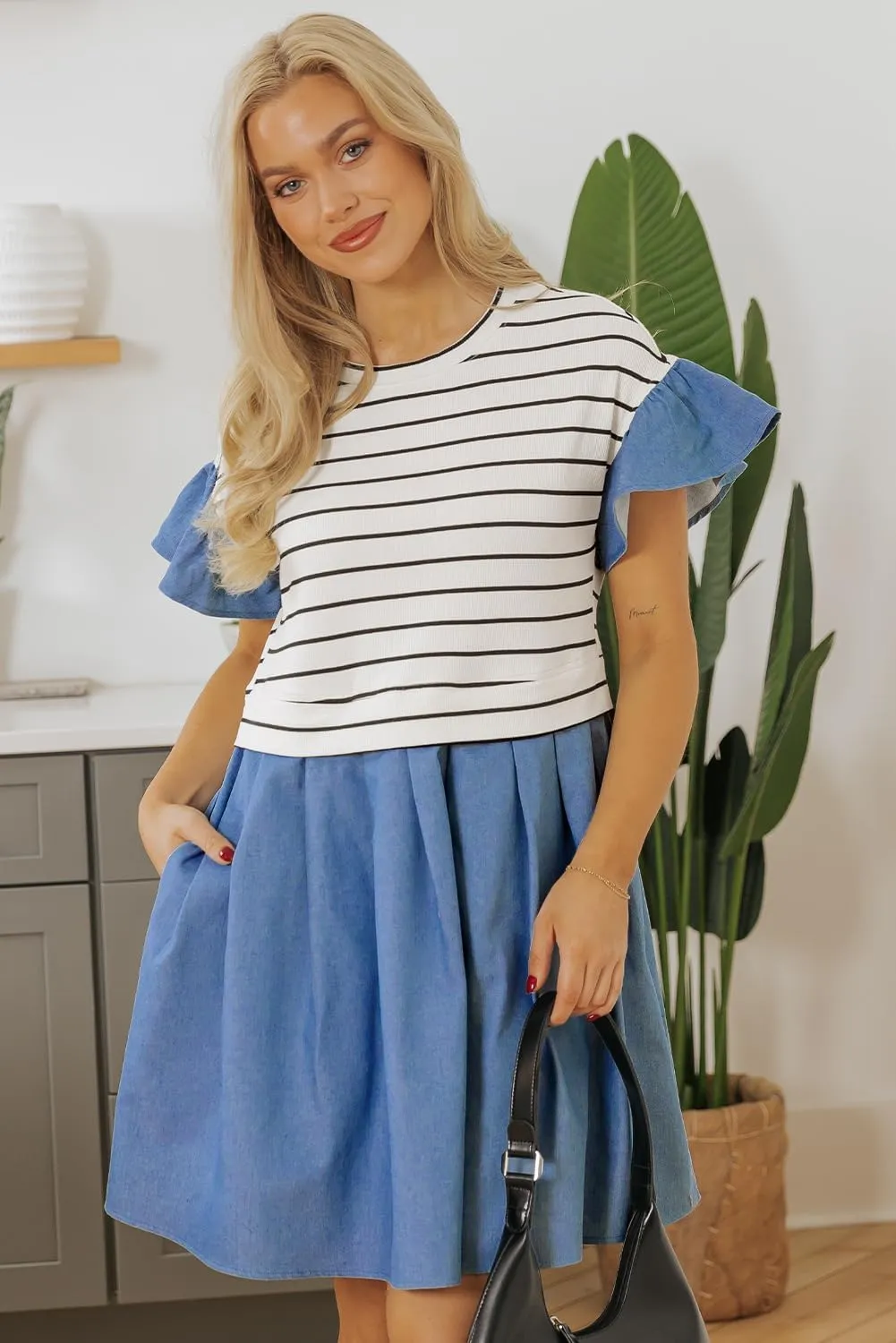 Womens Floral Dresses Boho Black Stripe Ruffle Denim Patchwork Round Neck Mini Dress