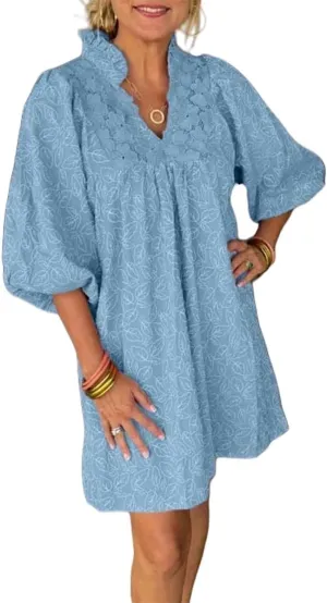 Women's Floral Puff Sleeve Mini Dress, High Waist V-Neck A Line Dress, Medium, Blue