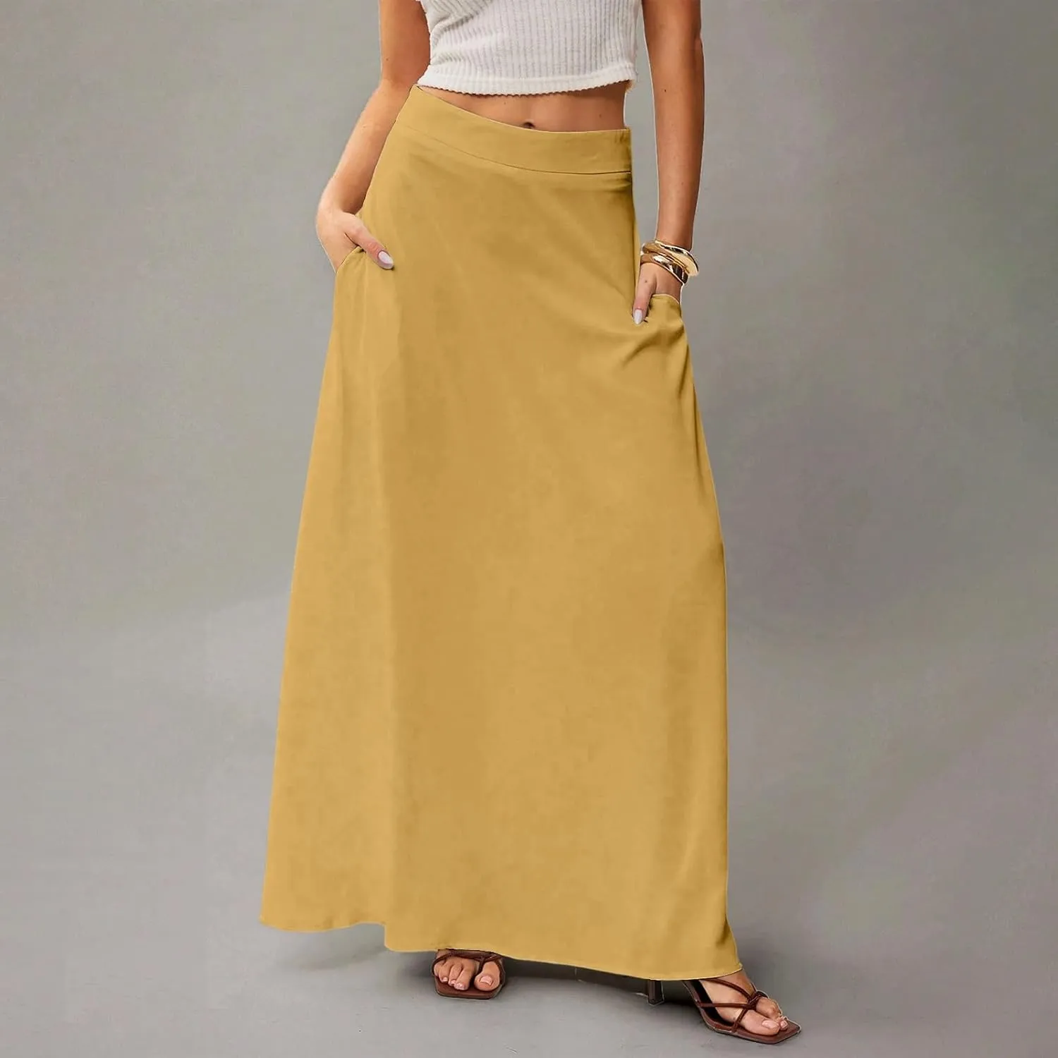 Women's Long Skirts Fall High Waisted Stretchy Solid Flowy Soft Beach Maxi Skirt, S-2XL