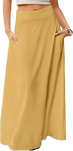 Women's Long Skirts Fall High Waisted Stretchy Solid Flowy Soft Beach Maxi Skirt, S-2XL