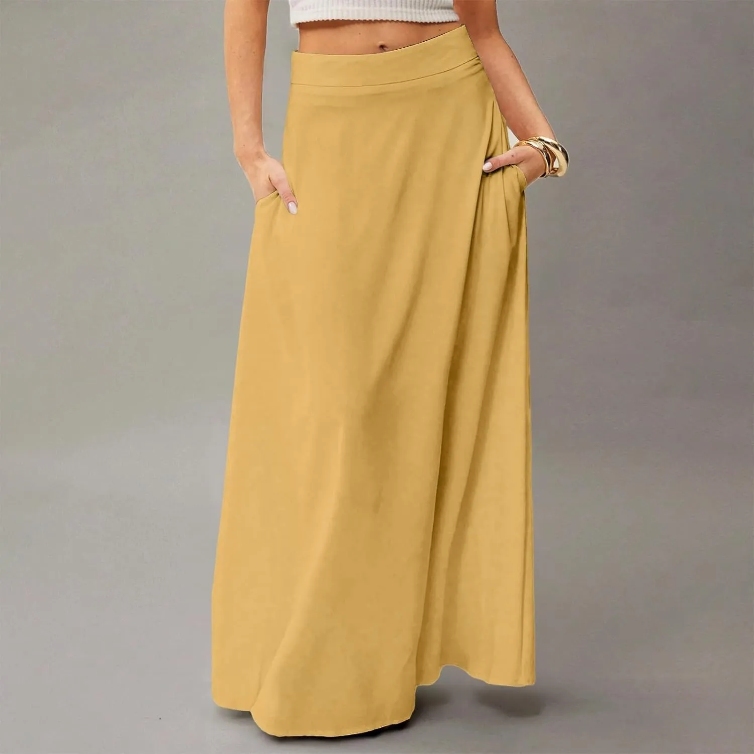 Women's Long Skirts Fall High Waisted Stretchy Solid Flowy Soft Beach Maxi Skirt, S-2XL