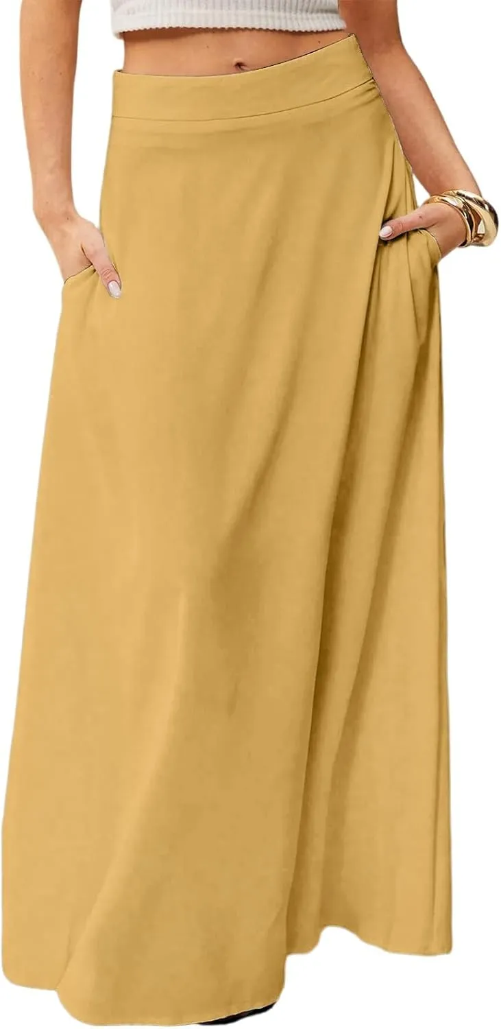 Women's Long Skirts Fall High Waisted Stretchy Solid Flowy Soft Beach Maxi Skirt, S-2XL