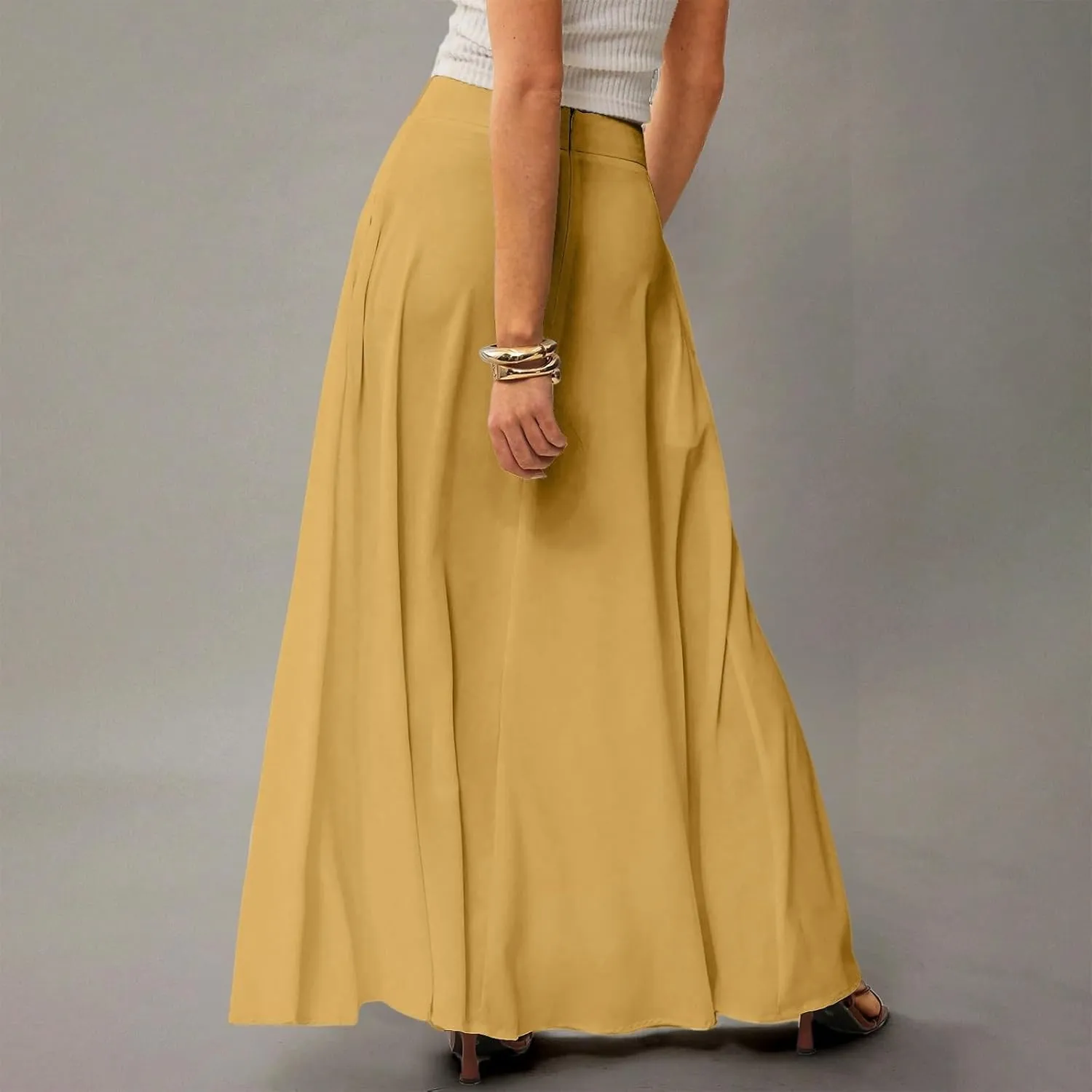 Women's Long Skirts Fall High Waisted Stretchy Solid Flowy Soft Beach Maxi Skirt, S-2XL