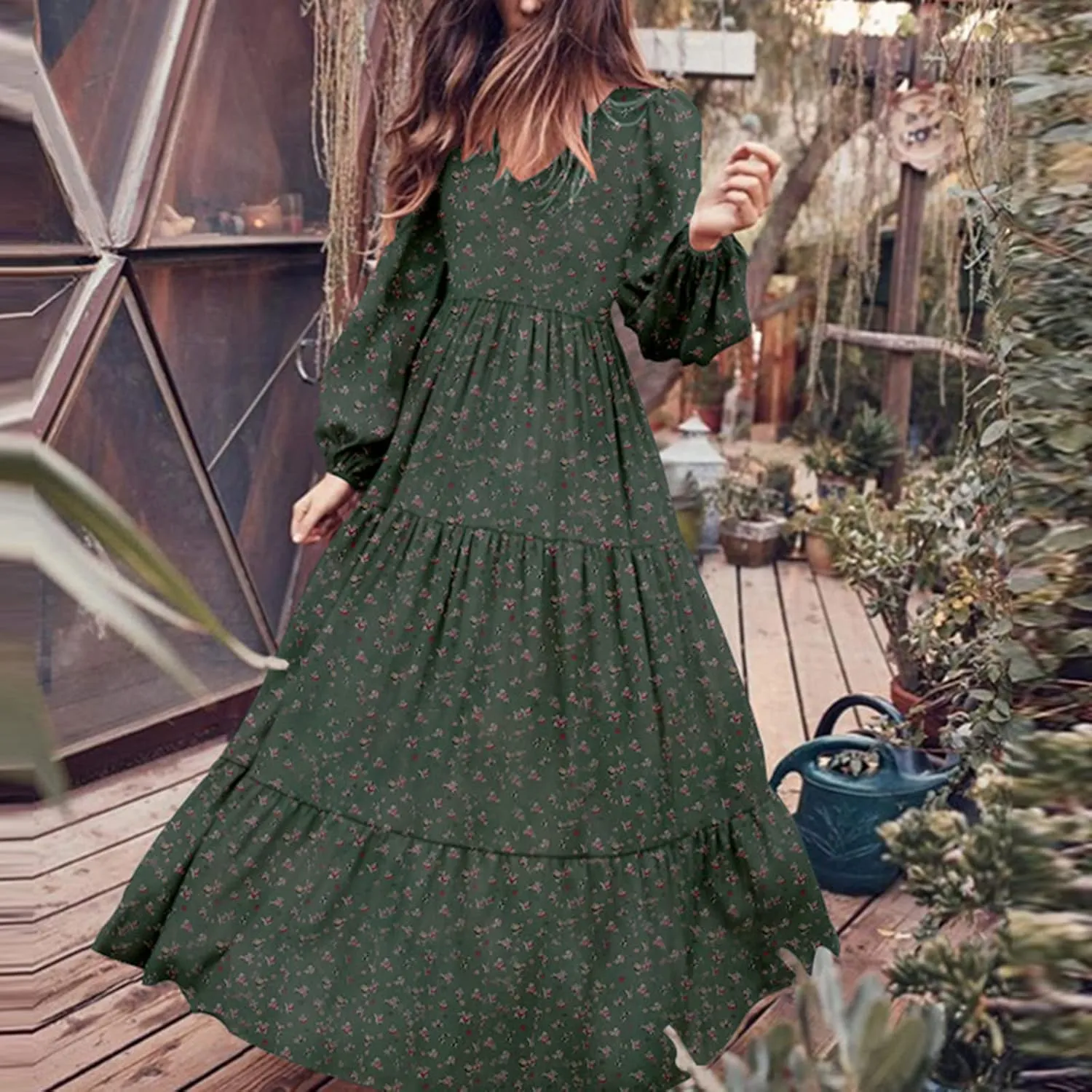 Womens Long Sleeve Boho Dresses V Neck Ditsy Floral Print Ruffle Tiered Maxi Dress Tie Waist Chiffon Flowy Swing Dress