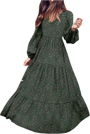 Womens Long Sleeve Boho Dresses V Neck Ditsy Floral Print Ruffle Tiered Maxi Dress Tie Waist Chiffon Flowy Swing Dress
