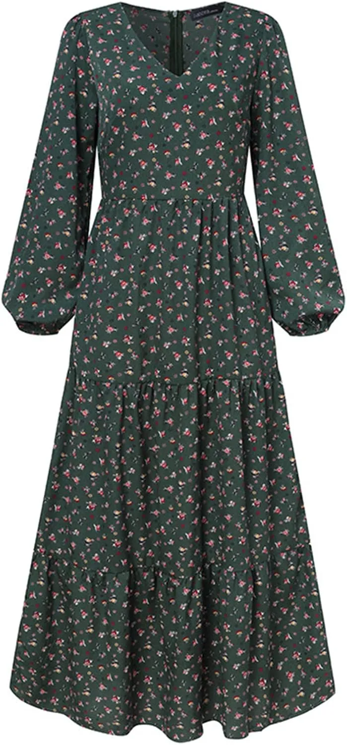 Womens Long Sleeve Boho Dresses V Neck Ditsy Floral Print Ruffle Tiered Maxi Dress Tie Waist Chiffon Flowy Swing Dress