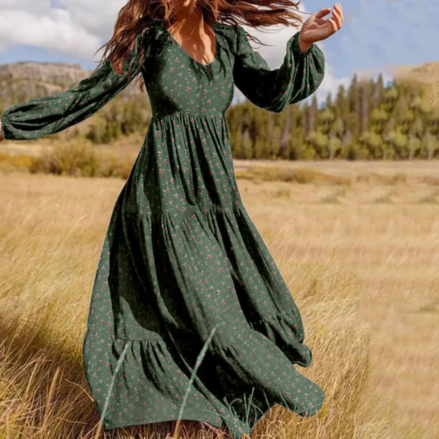 Womens Long Sleeve Boho Dresses V Neck Ditsy Floral Print Ruffle Tiered Maxi Dress Tie Waist Chiffon Flowy Swing Dress