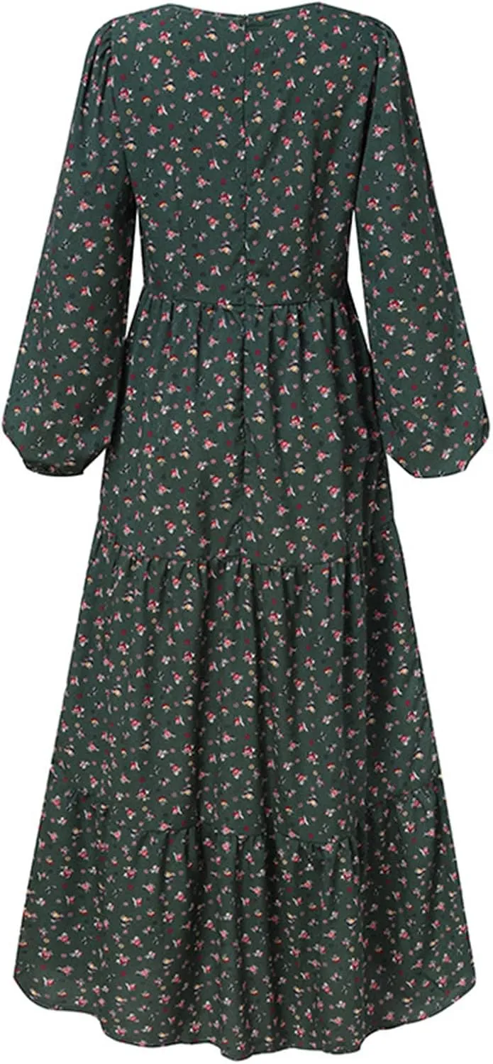 Womens Long Sleeve Boho Dresses V Neck Ditsy Floral Print Ruffle Tiered Maxi Dress Tie Waist Chiffon Flowy Swing Dress