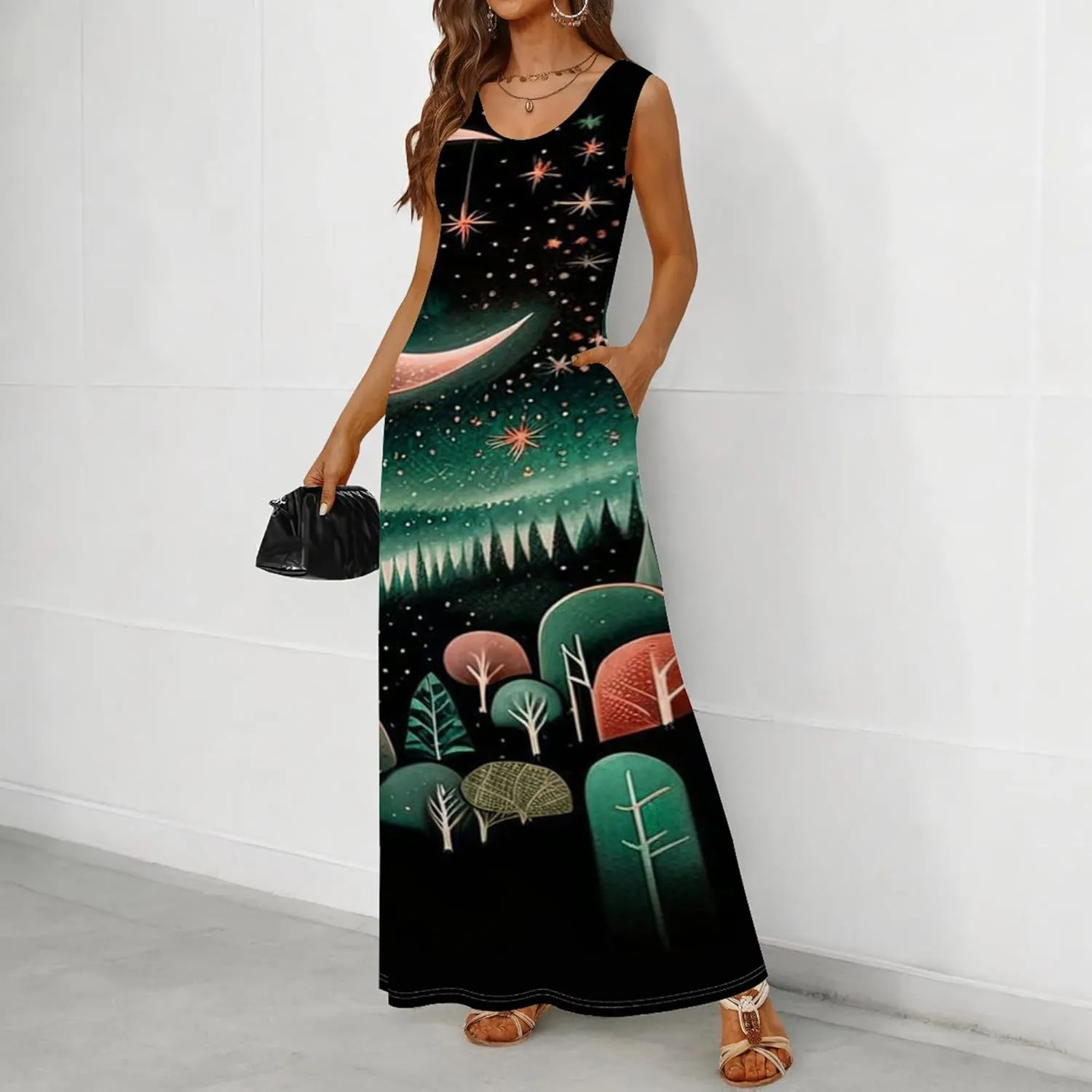 Women's Maxi Dresses Summer Spaghetti Strap Dress with Pockets Loose Flowing Maxi Skirt for Curvy Women