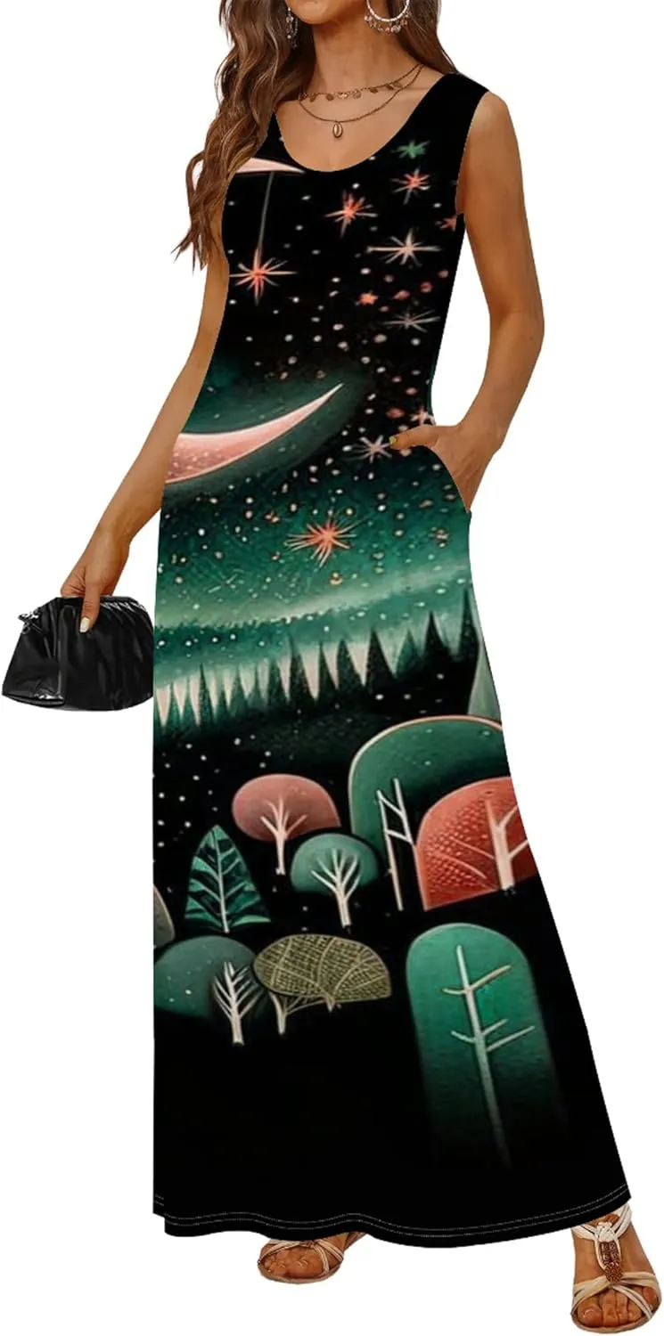 Women's Maxi Dresses Summer Spaghetti Strap Dress with Pockets Loose Flowing Maxi Skirt for Curvy Women
