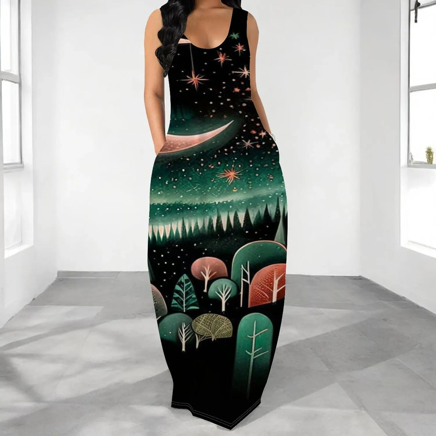 Women's Maxi Dresses Summer Spaghetti Strap Dress with Pockets Loose Flowing Maxi Skirt for Curvy Women