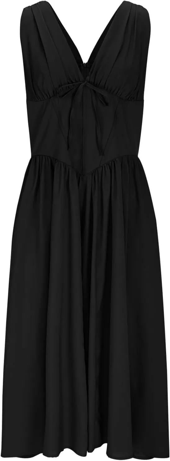 Womens Midi Dresses Plus Size Fashion Solid Color Lace up V-Neck Sleeveless Pleat Tank Dress Summer Beach Sundress