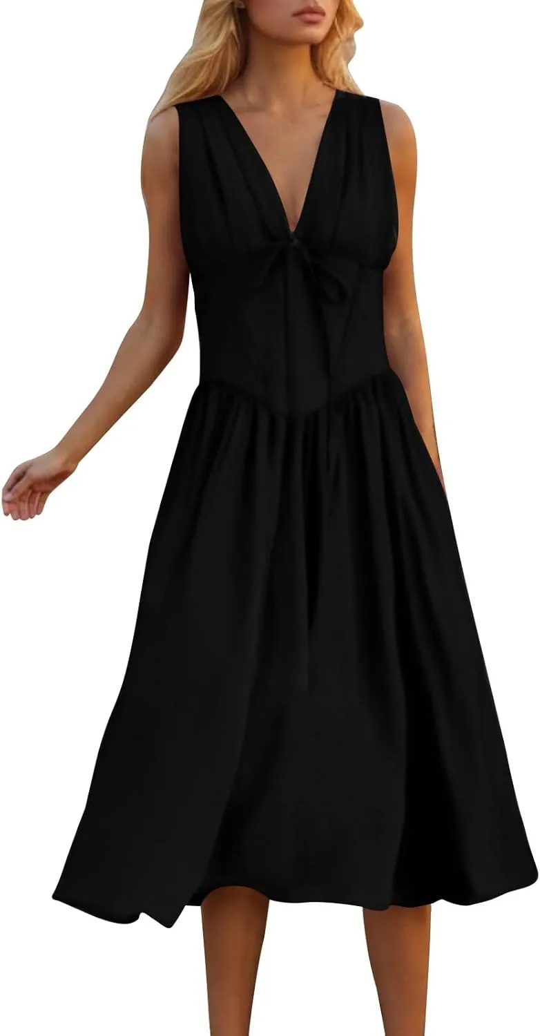 Womens Midi Dresses Plus Size Fashion Solid Color Lace up V-Neck Sleeveless Pleat Tank Dress Summer Beach Sundress