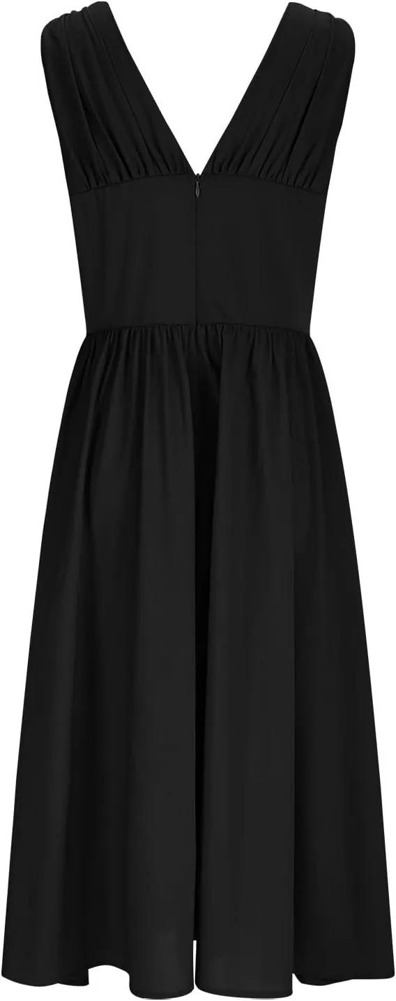 Womens Midi Dresses Plus Size Fashion Solid Color Lace up V-Neck Sleeveless Pleat Tank Dress Summer Beach Sundress
